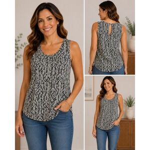 Rose & Olive‎ Tank Top Small Black White Damask Keyhole High Low Sleeveless